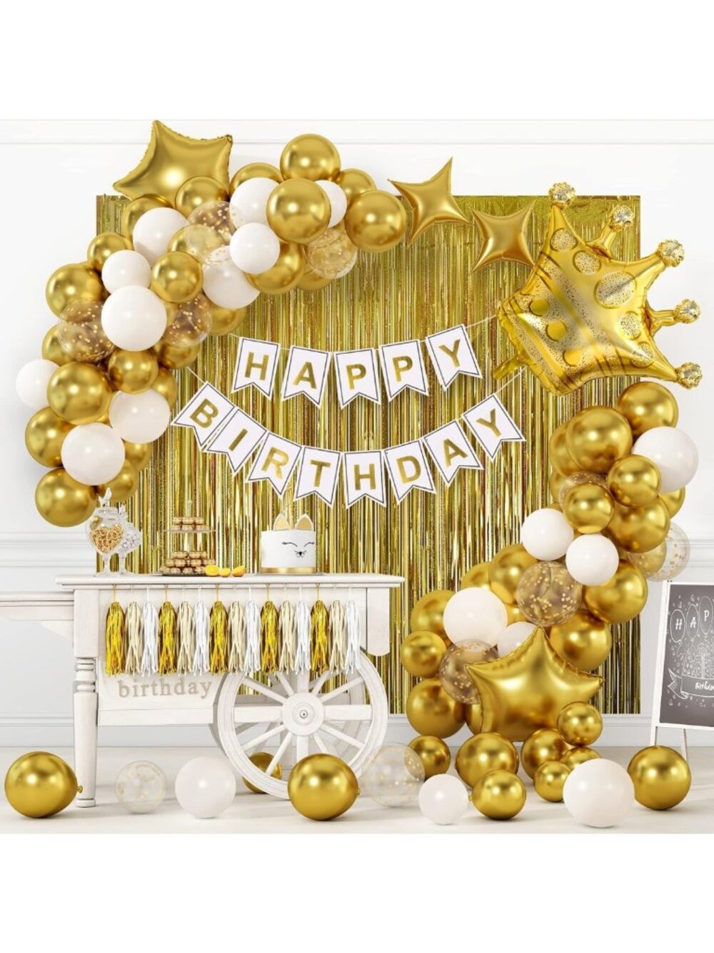 Gold Birthday Party Decorations Set - Banner, Confetti, Balloons & Tassel